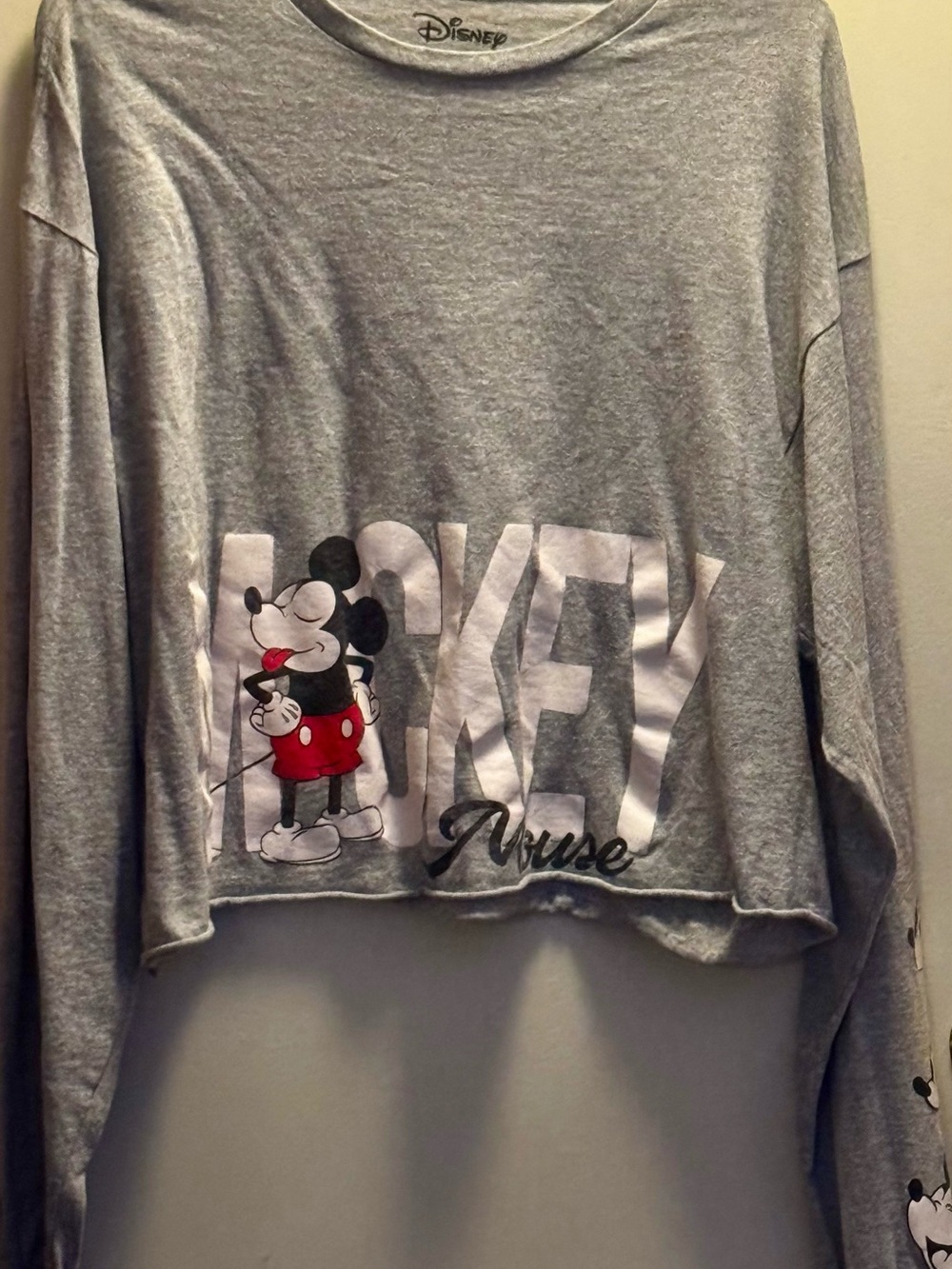 Disney Juniors Gray Mickey Mouse Cropped Long-Sleeve Top size XL
